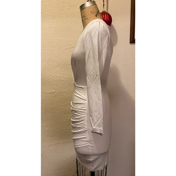Sarin Mathews Deep V Neck Ruched Bodycon Long Sleeve Mini Dress White NWT Size L - Picture 6 of 9